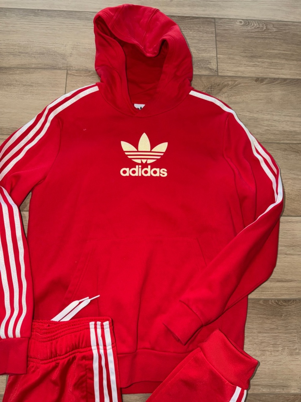 adidas Red Hoodie and Three-Stripe Track Pants Set with glitter accent XLarge - Picture 3 of 8